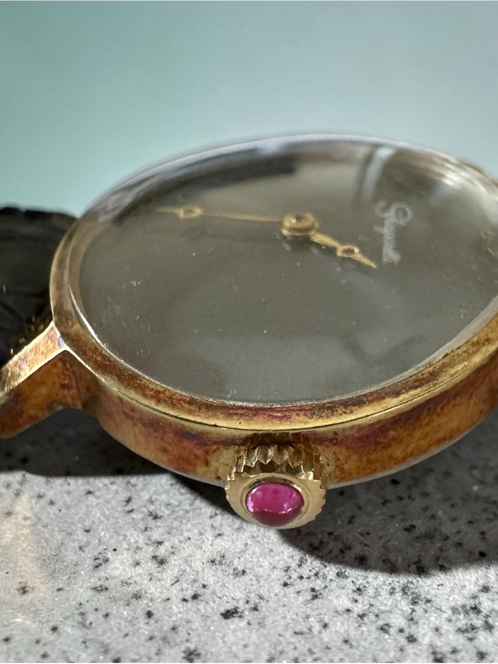 Vintage Schiaparelli Mechanical Watch Black Dial Cabochon Crown - Working - Picture 9 of 12